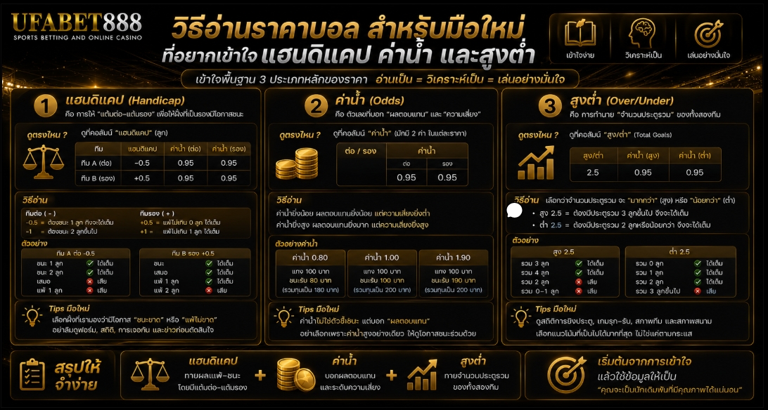 วิธีอ่านราคาบอล สำหรับมือใหม่ที่อยากเข้าใจแฮนดิแคป ค่าน้ำ และสูงต่ำ
